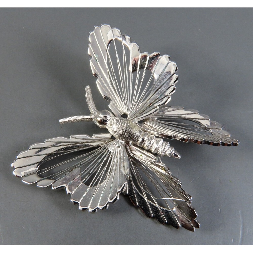 Vintage MONET BUTTERFLY BROOCH PIN Silver Tone WIRE WRAPPED WINGS Sleek Style